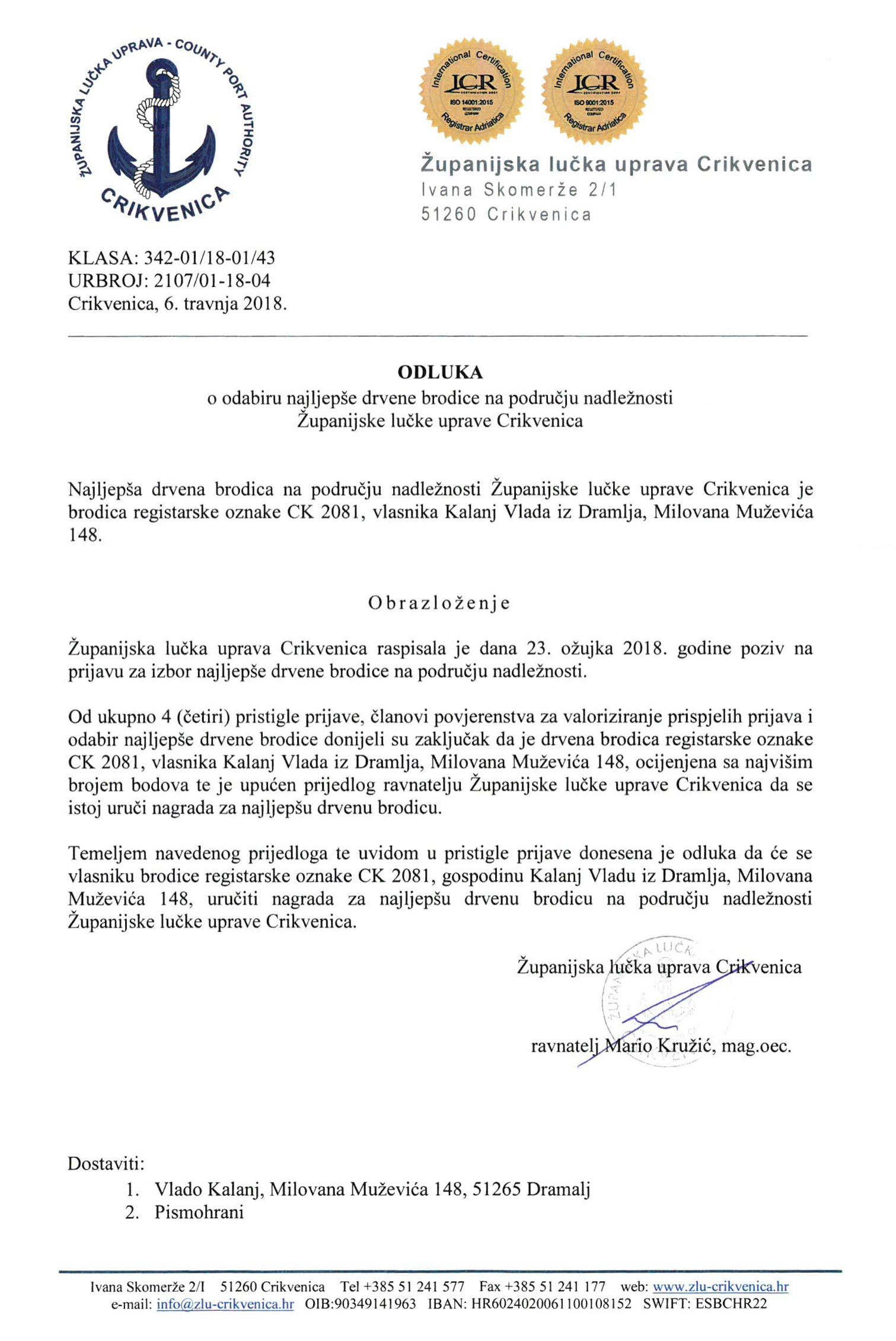 Odluka o odabiru najljepše drvene brodice 2018